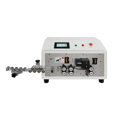 Automatic Wire Cutting And Stripping Machine With Touchscreen Panel and Quick Setup for Compact Cables front view with display and controls.