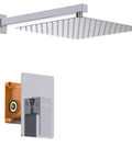 Shower System With 12 Inch Square Rain Shower Head Chrome Finish Brass Arm And Valve Pressure Balance Control Single Function Valve Set 15.7 Inch Arm Easy Install Durable Stainless Steel For A High End Rain Experience, showing stainless steel head and brass valve.