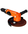 Top Dog Pneumatic Sander And Angle Grinder Built Like A Tank With Raw Compressed Air Power For Metalworking Polishing And Deburring Jobs That Work Like A Charm Every Single Time, orange tool with a circular grinding disc.