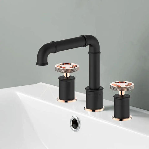 Industrial Black And Rose Gold Widespread Bathroom Sink Faucet With Double Round Handles, Solid Brass Pipe Style