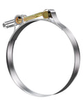Side view of a stainless steel 10 Pack T Bolt Hose Clamps 64-72mm For 2.25 Inch Hose ID Built Tough For Diesel Trucks And Marine Use.