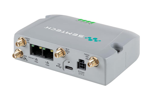 Side view of AirLink EX400 5G RedCap IoT Router with dual Ethernet, USB-C, LTE Cat 4 ports, gray semi-rugged design