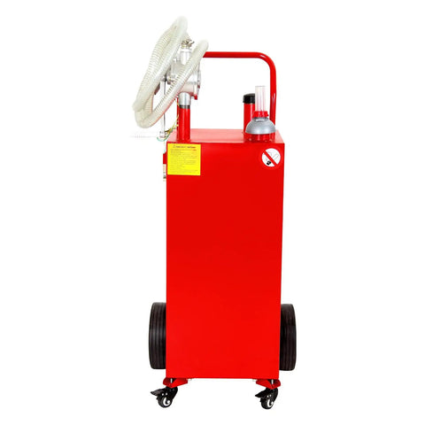30 Gallon Gas Caddy With Pump On Four Wheels, visible red tank with handle, siphon pump and wheels, portable fuel tank for vehicles.