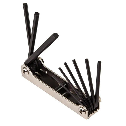 Pro Grade Nine Key Folding Hex Key Set in SAE Sizes, displayed open with black hex keys, silver handle visible