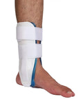 Stirrup Ankle Brace Stabilizer For Sprains And Tendonitis, Gel Pads For Pain Relief in white, worn on a leg, reduces swelling and inflammation.