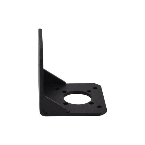 Black alloy steel L-shaped mounting bracket for NEMA 17 stepper motors with central circular hole and multiple bolt holes.