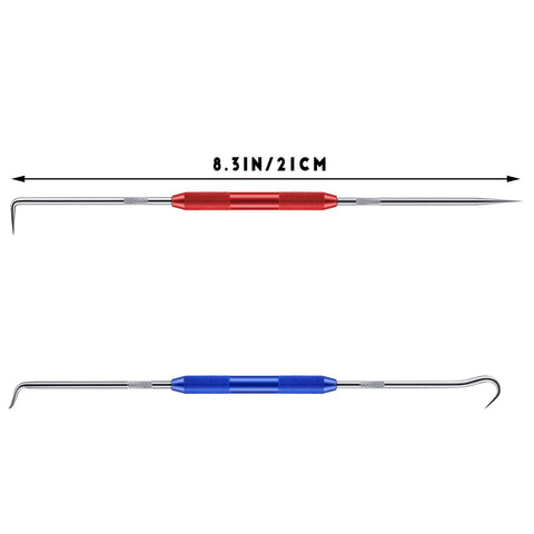 Beefy And Reliable Double Pointed Scriber Set With Knurled Aluminum Grip Rust Proof Steel Marking Hooks and Precision Pick Tools. Red and Blue tools.