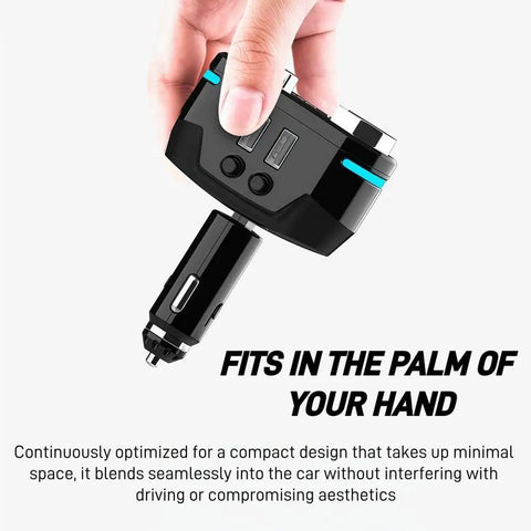 Heavy Duty Wireless Car Charger For Toyota RAV4 EV With Independent Switches And Led Voltage Display Plus 150W Quick Charge 3 held in a hand.