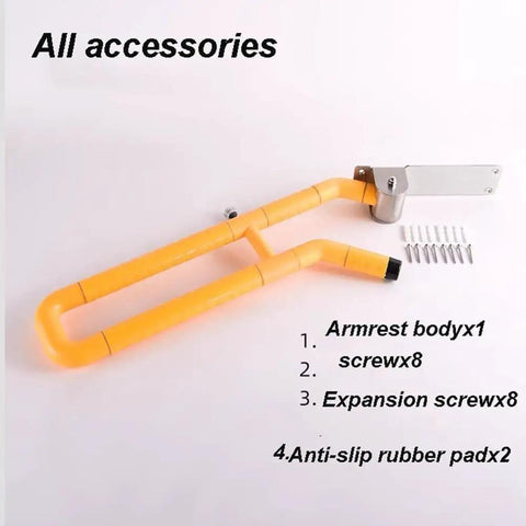 Slick Flip Up U Shaped Stair Handrail Wall Mount Railing For Steps With A Beefy Folding Grab Bar and Armrest accessories display.