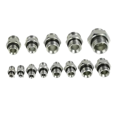 Workhorse Imperial To Metric Hydraulic Transition Fitting, Male Thread Adapter From One Eighth To One Inch, Cone Style BSP To Metric M26x1.5, Carbon Steel, Silver Finish, Three Quarter Inch Port, shown in multiple sizes