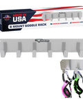 Heavy Duty Six Pair Goggle Wall Rack Solid Aluminum Eye Protection Organizer Locked Down For Garage And Race Trailer Storage Spaces With Pre Drilled Hardware Included Quick Mount with goggles attached.