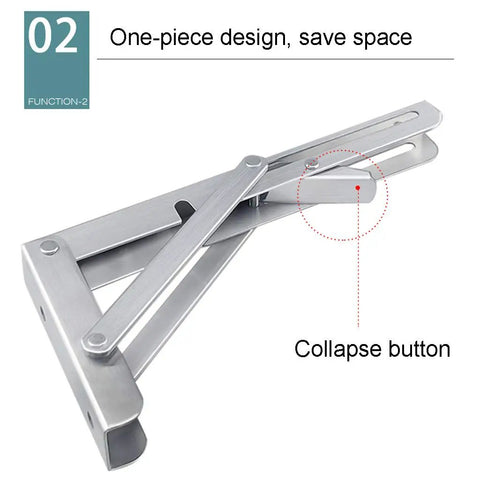 Industrial Grade Folding Angle Brackets, Stainless Steel Triangle Shelf Supports with collapse button for easy storage.