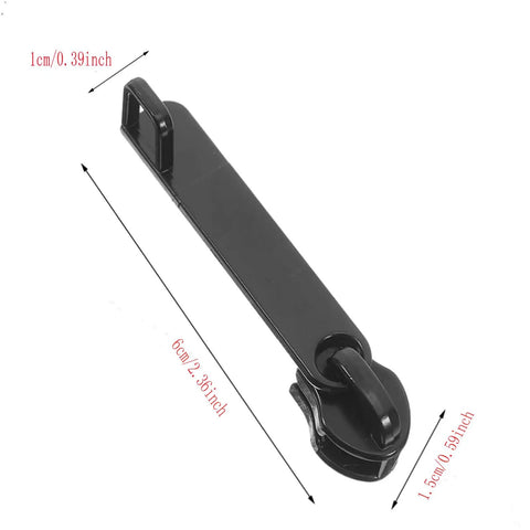 Black metal zipper pull from 6 Piece Metal Zipper Pull Replacement Kit For Luggage And Travel Gear, side view, dimensions shown
