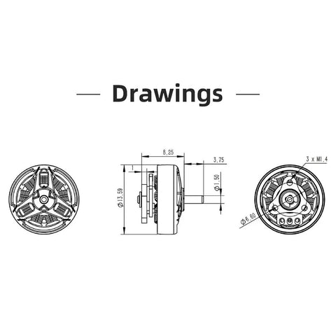 Technical drawings of Specter 1002 21000KV 1S Brushless Motor For Toothpick FPV Racing Drones, dimensions and design details shown.