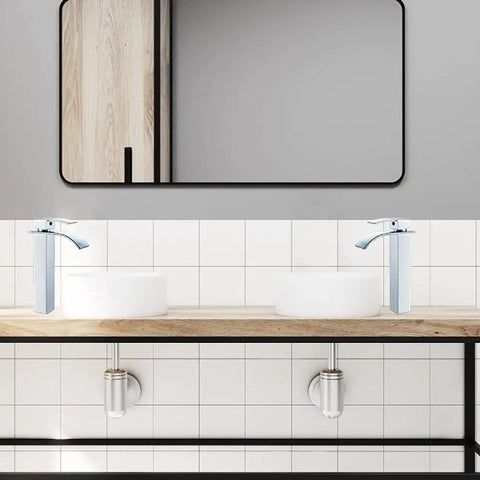 Chrome Vessel Sink Faucet Tall Modern Waterfall With Pop Up Drain Single Handle 1 Hole Vanity Lavatory Faucet in bathroom setup