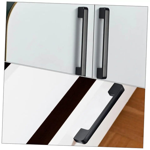 Matte Black Cabinet Door Handles With Screws, Drawer Pulls for kitchen cabinets, shown on white cabinet and drawer fronts