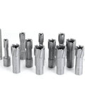 Carbide TCT annular cutter set, 13 pcs with Weldon shanks; diameters 1/2–1-1/8 in, depth 1-3/8 in, for mag drill.
