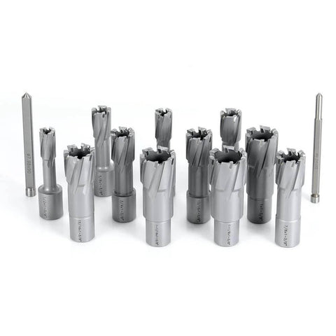 Carbide TCT annular cutter set, 13 pcs with Weldon shanks; diameters 1/2–1-1/8 in, depth 1-3/8 in, for mag drill.