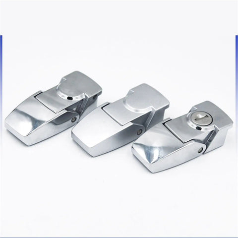 Rock Solid Heavy Duty Industrial Over Center Draw Latch With Keyhole Cabinet Lock And Bulletproof Paddle Catch For Tool Boxes And Equipment Cases For Shop Use, three chrome latches.