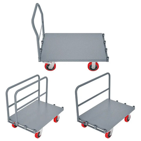 Heavy Duty Steel Panel Truck Cart Built Like A Tank With 2000 Lbs Capacity And Six Inch Smooth Wheels For Moving Drywall Lumber And Gear Zero Hassle On Any Job Site, showing 35x23 inch platform with three angles.