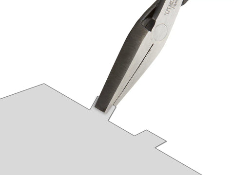 Close-up of needle nose pliers from Eight Piece Mini Pliers Set For Precision Electronics And Hobby Projects gripping a small part.