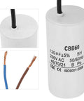 Heavy Duty Run Capacitor For Motors And Air Compressors 250VAC 120uF 50 60Hz shown with wires, durable construction