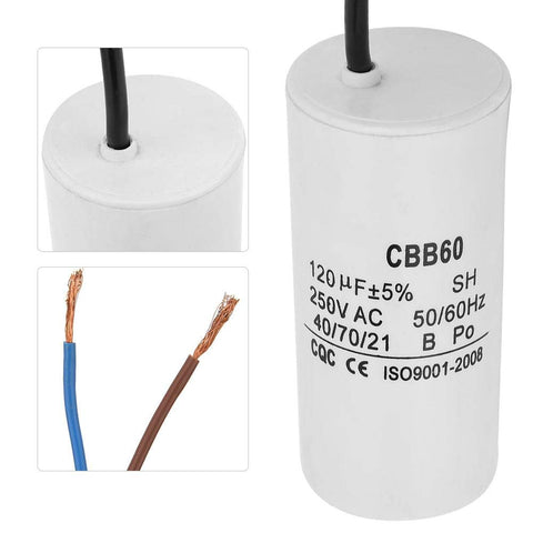 Heavy Duty Run Capacitor For Motors And Air Compressors 250VAC 120uF 50 60Hz shown with wires, durable construction