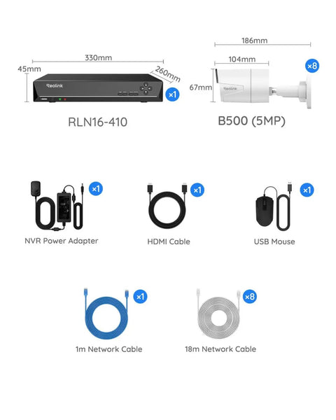 16 Channel 5MP PoE Home Security System With 8 Outdoor Wired Cameras, 16CH NVR, and accessories including cables and adapters
