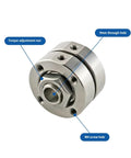 Close-up front view of 360° rotating disc damping hinge with adjustable torque, iron, M4 screw holes