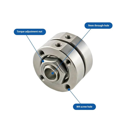 Close-up front view of 360° rotating disc damping hinge with adjustable torque, iron, M4 screw holes