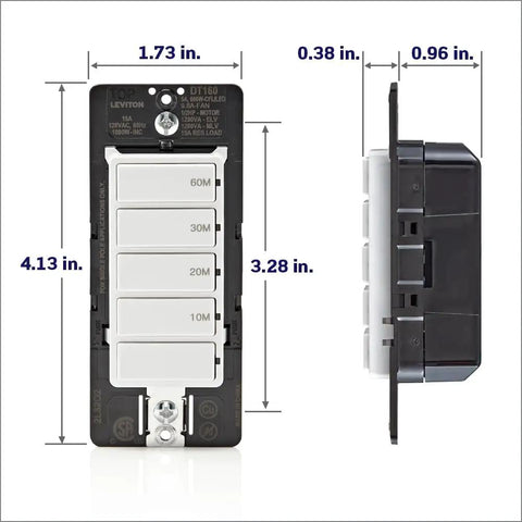 Easy Install Countdown Timer Switch For Bathroom Fan And Lights With Four Preset Timers in white, front and side view with dimensions