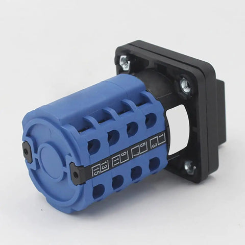 Universal Changeover Selector Switch For Power Transfer, Four Position Rotary Cam Switch With Sixteen Terminals, 380V 20A, blue body mounted on black base