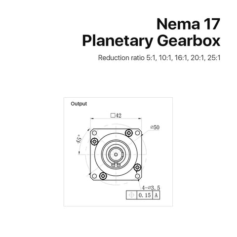 Nema17 Hps42 Planetary Gearbox Speed Reducer For Stepper Motors square housing design with output measurements and ratio options.
