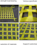 Rugged Cargo Hoist Net Built Tough To Handle The Nitty Gritty Tear Resistant Straps for Hauling Heavy Equipment on Construction Sites Truck Beds and Docks Without Breaking A Sweat, yellow polyester with high-strength load-bearing design.