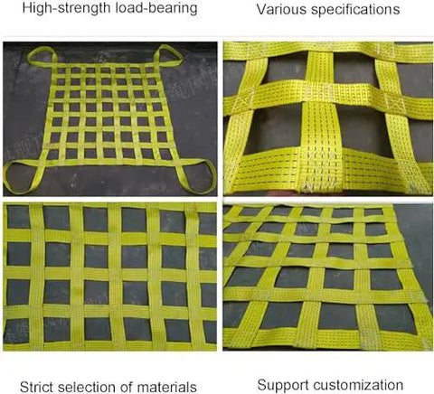 Rugged Cargo Hoist Net Built Tough To Handle The Nitty Gritty Tear Resistant Straps for Hauling Heavy Equipment on Construction Sites Truck Beds and Docks Without Breaking A Sweat, yellow polyester with high-strength load-bearing design.