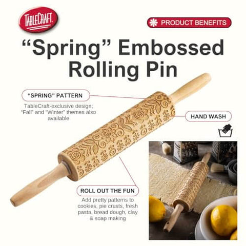 Beech Wood Rolling Pin With Floral Embossed Spring Pattern For Cookies, Pastries And Fondant displayed with lemons and eggs