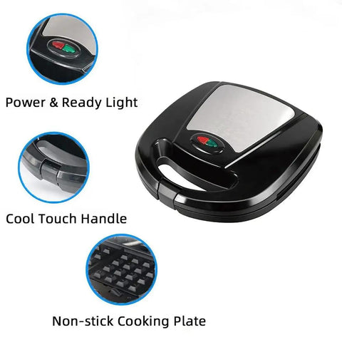 Hot 3 In 1 Electric Breakfast Maker With Non Stick Plates showing power indicator lights and cool touch handle.