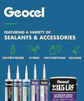 Geocel sealants displayed featuring solvent-based, hybrid, polyurethane, and silicone options for various applications.