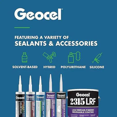 Geocel sealants displayed featuring solvent-based, hybrid, polyurethane, and silicone options for various applications.