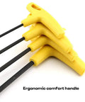 Cool Extra Long Hex Key Set For Home And Garage! These 4-Piece Metric Allen Wrench Tools Rock 360 Rotation Plus 35-Degree Angle Design. yellow T-handle hex key set with black shafts, ergonomic grip
