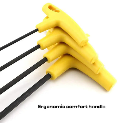 Cool Extra Long Hex Key Set For Home And Garage! These 4-Piece Metric Allen Wrench Tools Rock 360 Rotation Plus 35-Degree Angle Design. yellow T-handle hex key set with black shafts, ergonomic grip