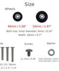 Luggage Wheels Replacement Set Of 4, 40mm X 18mm Universal Fit with components overview, bolts, screws, washers shown.