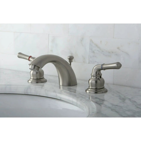 Magellan Mini Widespread Bathroom Faucet with pop up drain solid brass construction deck mount on marble countertop