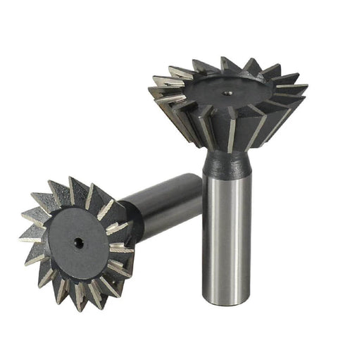 Dovetail milling cutters, two pieces, with HSS teeth, 45/60-degree angles and cylindrical shanks.