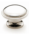 Front view of polished nickel one and three eighths inch round cabinet knob for cabinets, dresser drawers, closets, and wardrobes.