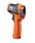 Infrared Thermometer Gun With Dual Laser Targeting For Easy Readouts And 20 To 1 Distance To Spot From Minus Forty To Twelve Hundred Fahrenheit And K Type Probe Built For Worksite Pro And Home Use, orange handle, side view