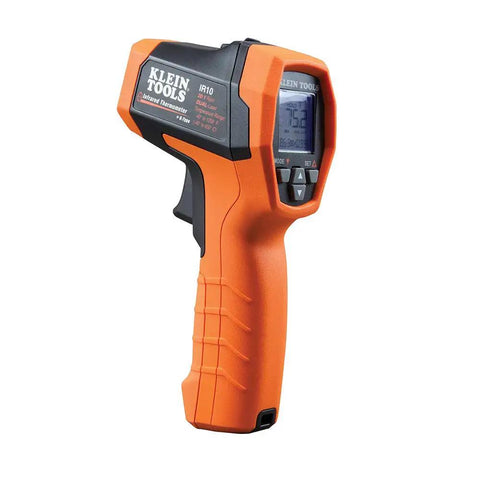 Infrared Thermometer Gun With Dual Laser Targeting For Easy Readouts And 20 To 1 Distance To Spot From Minus Forty To Twelve Hundred Fahrenheit And K Type Probe Built For Worksite Pro And Home Use, orange handle, side view