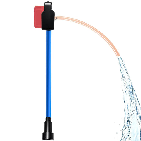 Portable Cordless Stick Water Transfer Pump for Heavy Duty Fluid Moving, 43 inch blue frame discharging water.