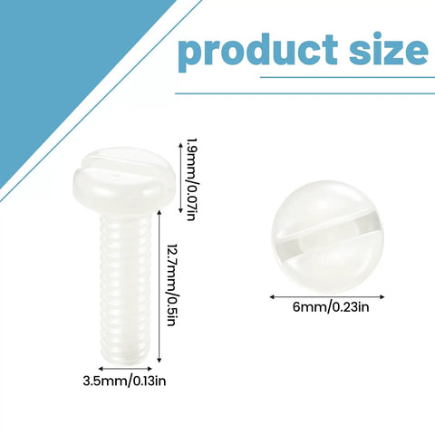 Close-up of 50 Pack White 632 X 1 2 Slotted Switch Plate Screws showing size details with measurement indicators.