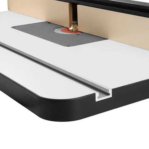 32 Inch Anodized Aluminum T Slot Track For Rock Solid Woodworking Jigs And Fixtures mounted on a router table for precise cutting.